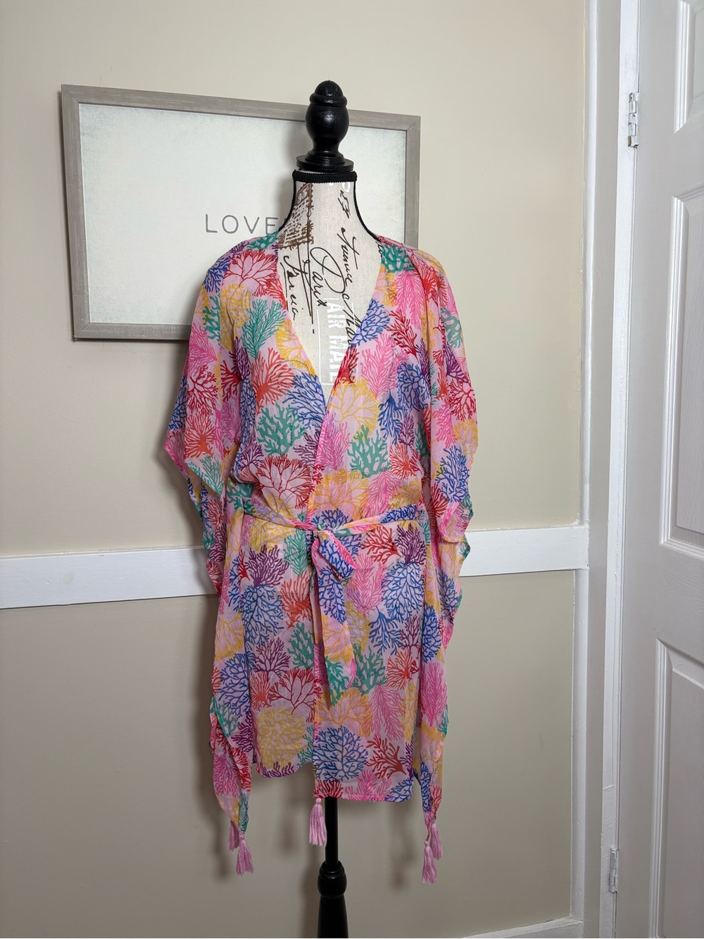 America & Beyond Coral Print Tassel Kimono Cover Up Beach Resort - Picture 2 of 11